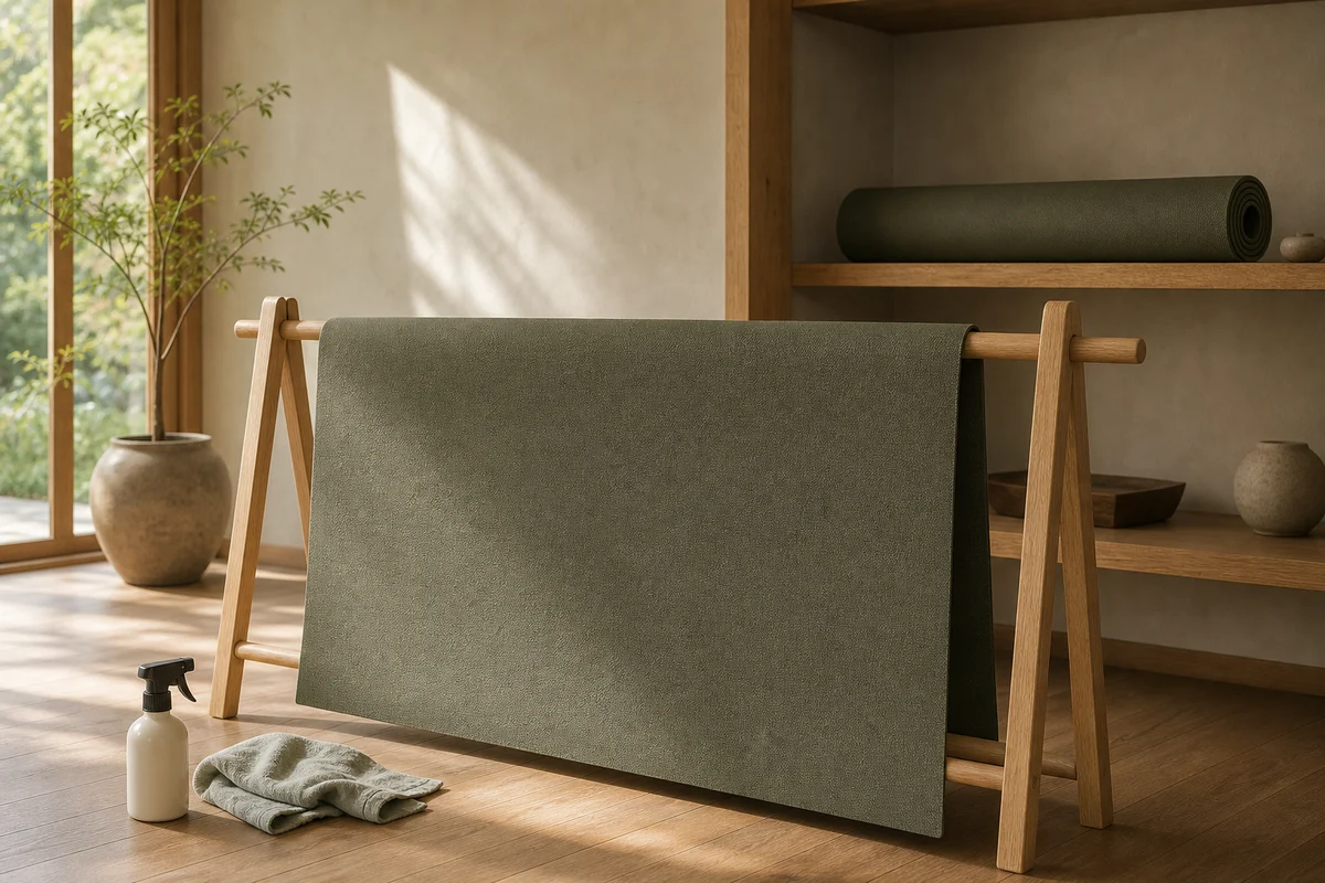 A yoga mat hanging open over a wooden rail to air dry with another mat loosely rolled on a shaded shelf