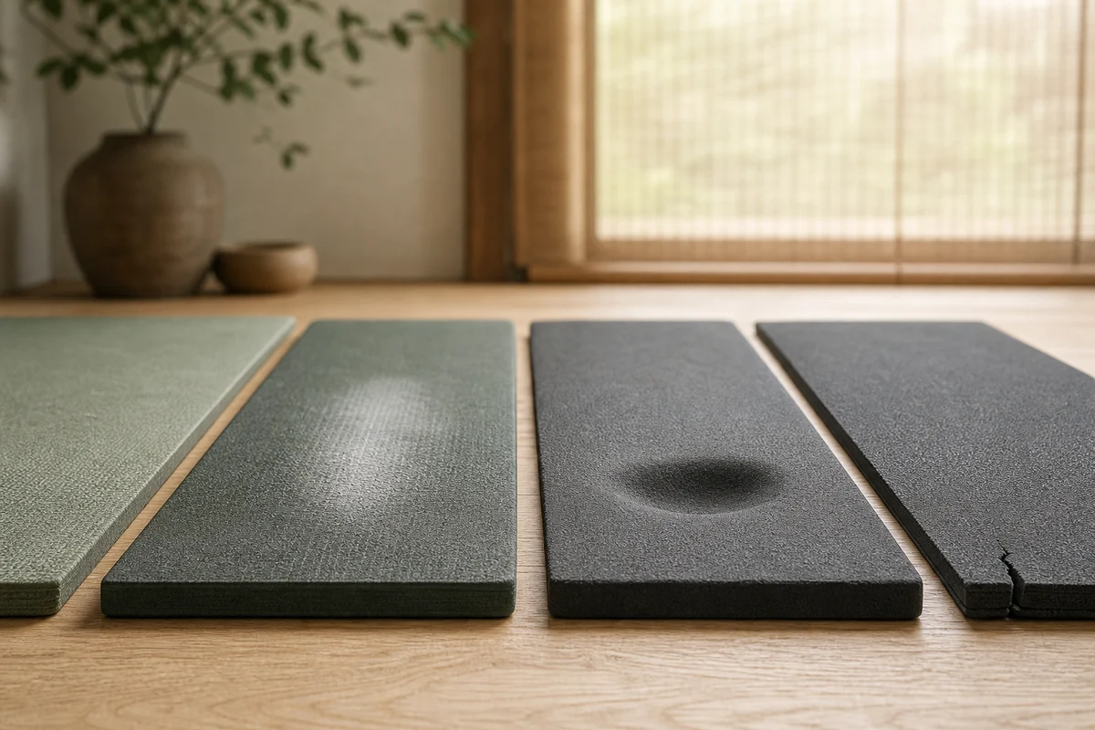 Four yoga mat samples showing harmless fading, a polished grip area, permanent compression and a cracked separating edge