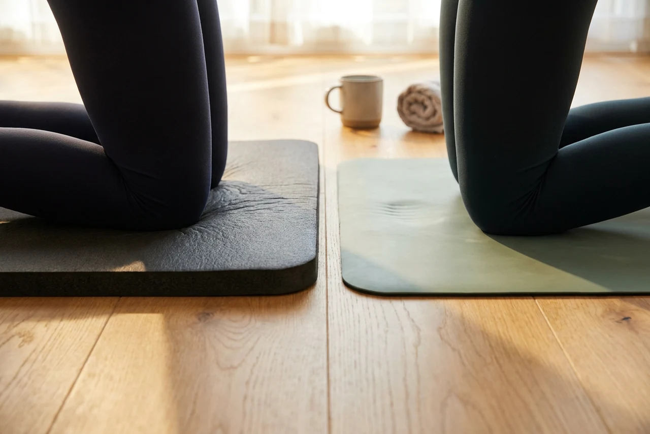 A knee pressing into a thick soft foam mat that compresses almost flat, beside a knee on a thin dense mat that barely indents