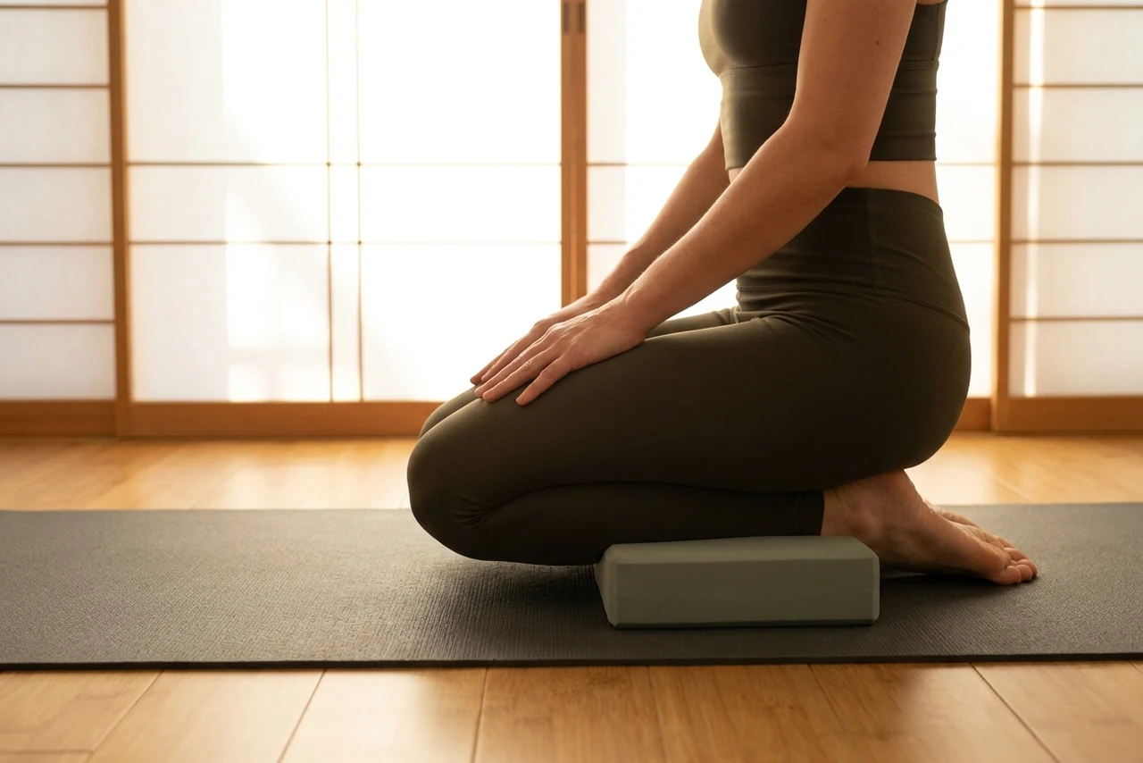 A woman kneeling on a thin yoga mat with a small foam pad placed under her knees only