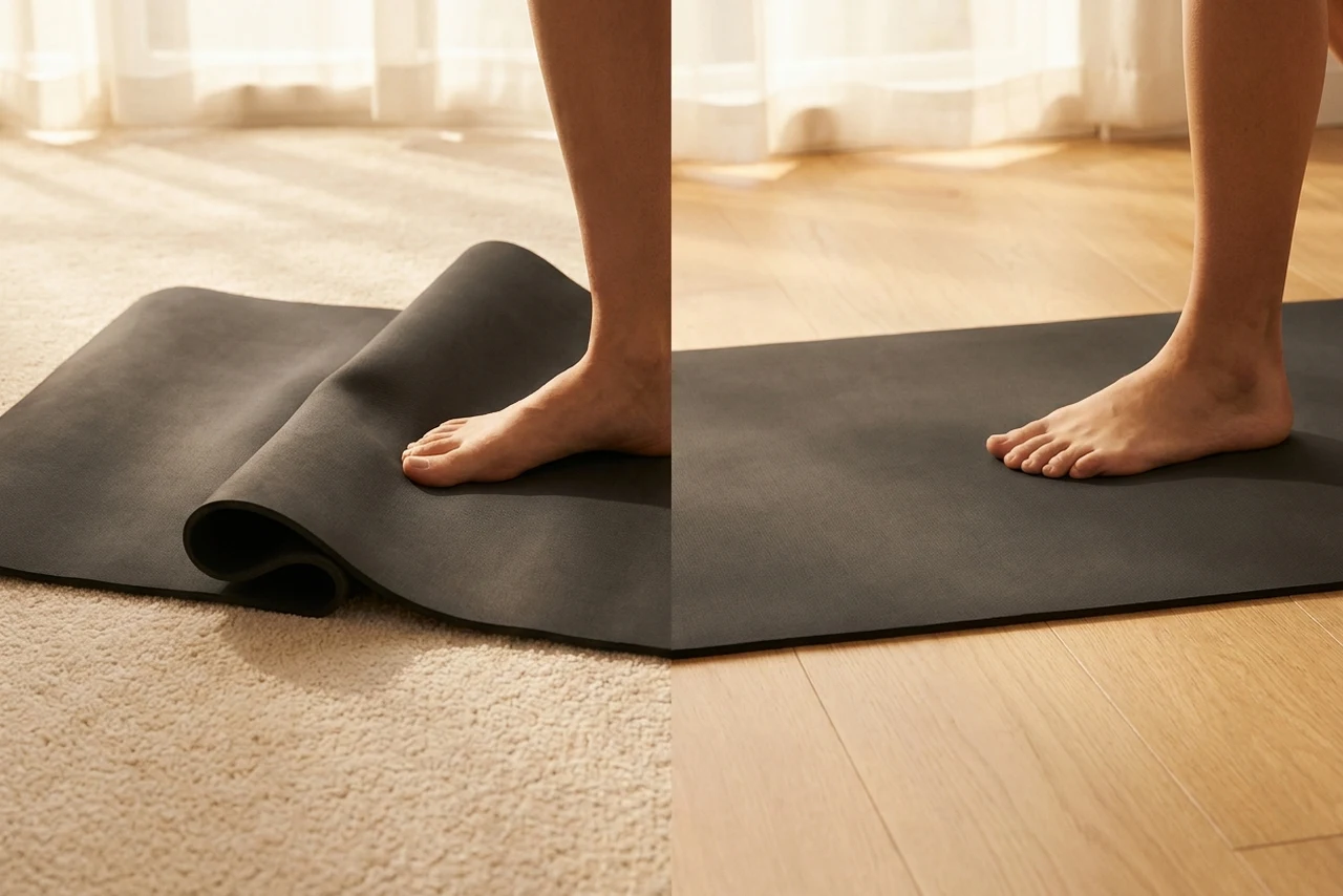The same yoga mat shown on soft carpet where it sinks and rippling appears, and on a hard wooden floor where it lies flat