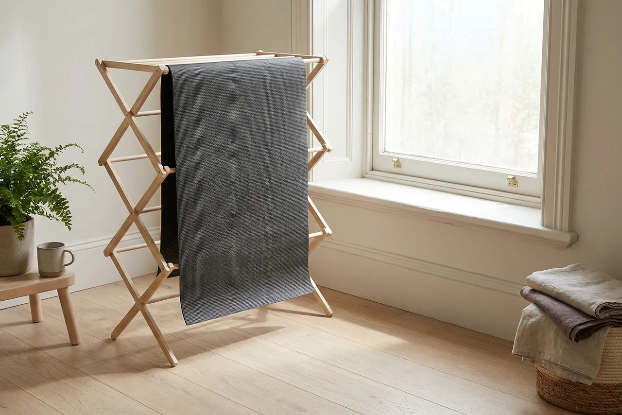 A charcoal yoga mat hanging fully unrolled over a wooden drying rack indoors near a window in soft indirect daylight