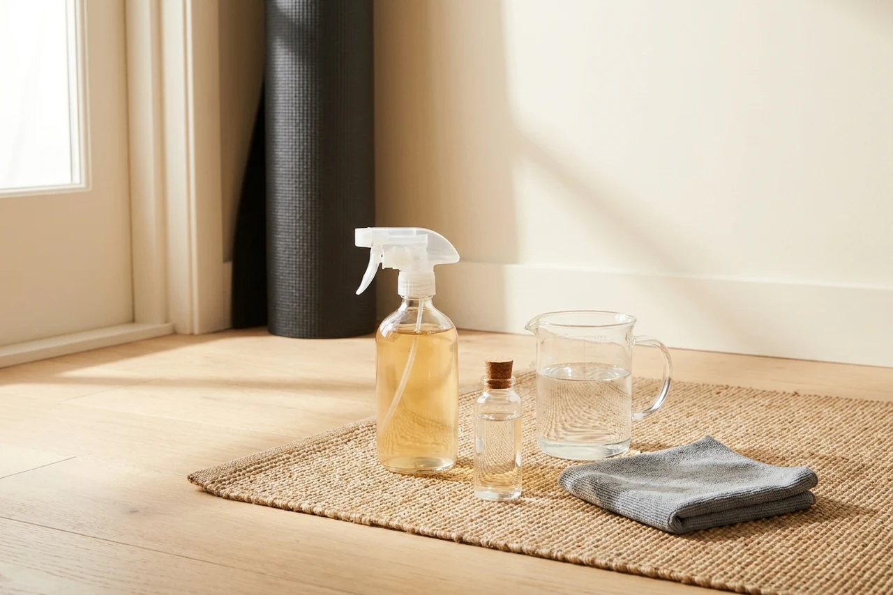 A clear spray bottle, a small bottle of white vinegar, a measuring jug of water and a folded microfiber cloth on a wooden floor beside a rolled mat