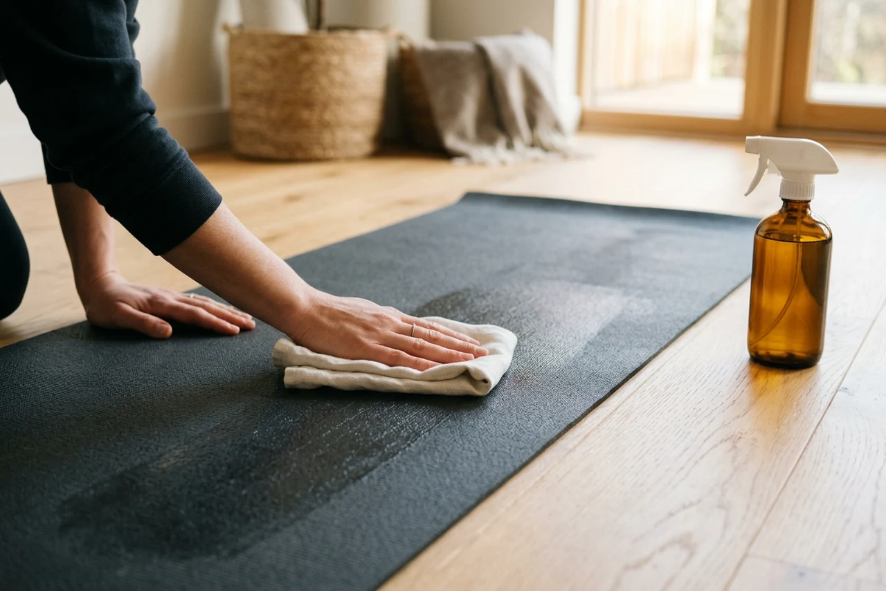Hands wiping a charcoal yoga mat with a folded cloth, an unlabeled spray bottle standing beside the mat