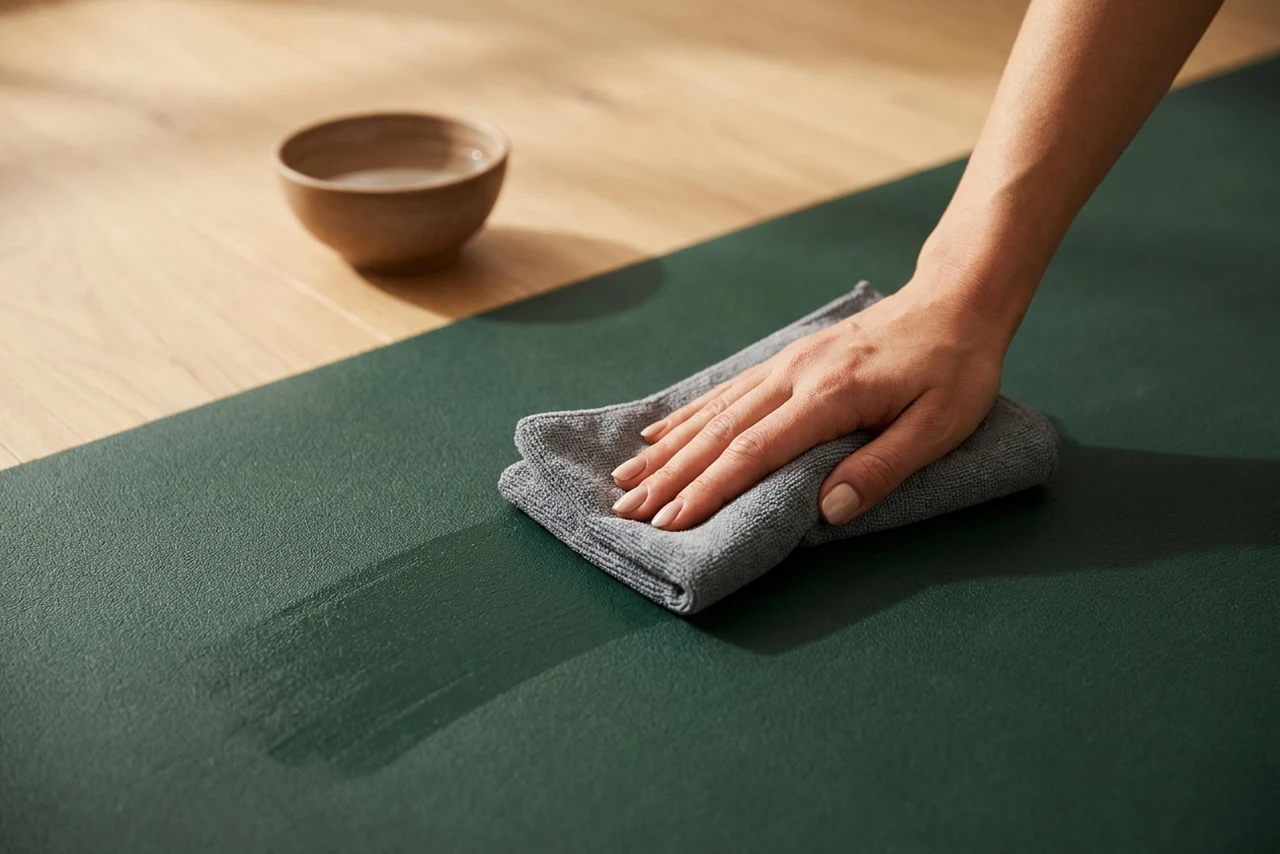A hand wiping a dark green yoga mat with a folded grey microfiber cloth, a bowl of water standing next to the mat
