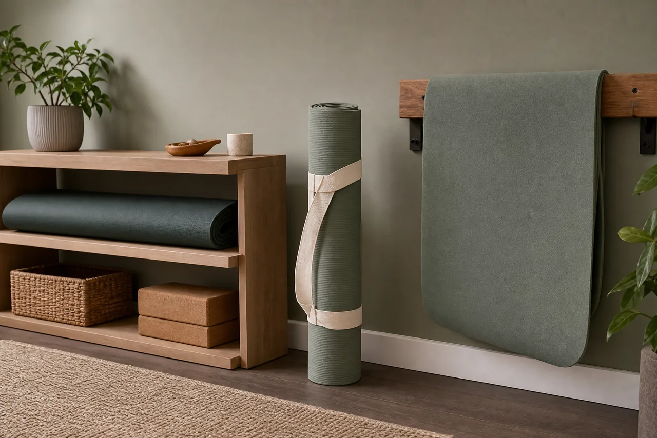 Three unbranded yoga mats stored flat on a shelf, loosely rolled upright with a strap and draped over a broad wooden rail