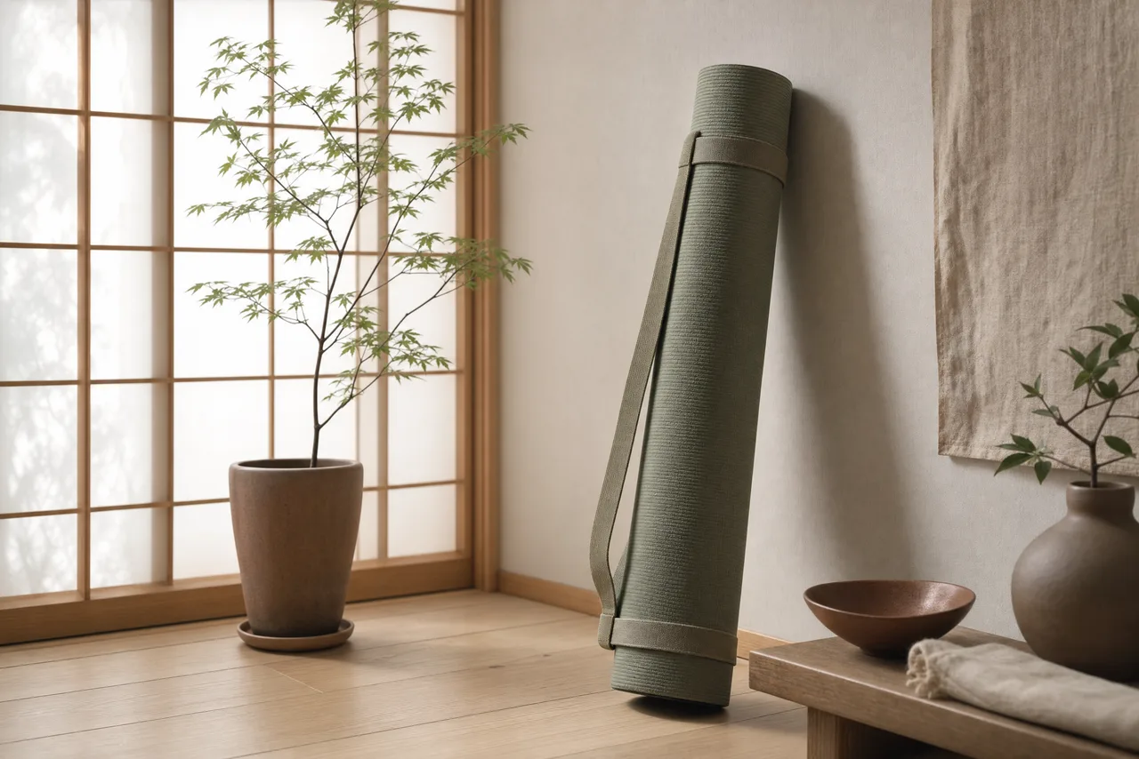 A rolled yoga mat secured with a strap, standing upright in a calm shaded corner of a minimalist room