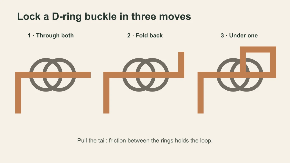 Three-step diagram showing a yoga strap tail passing through both D-rings, folding back and passing under one ring