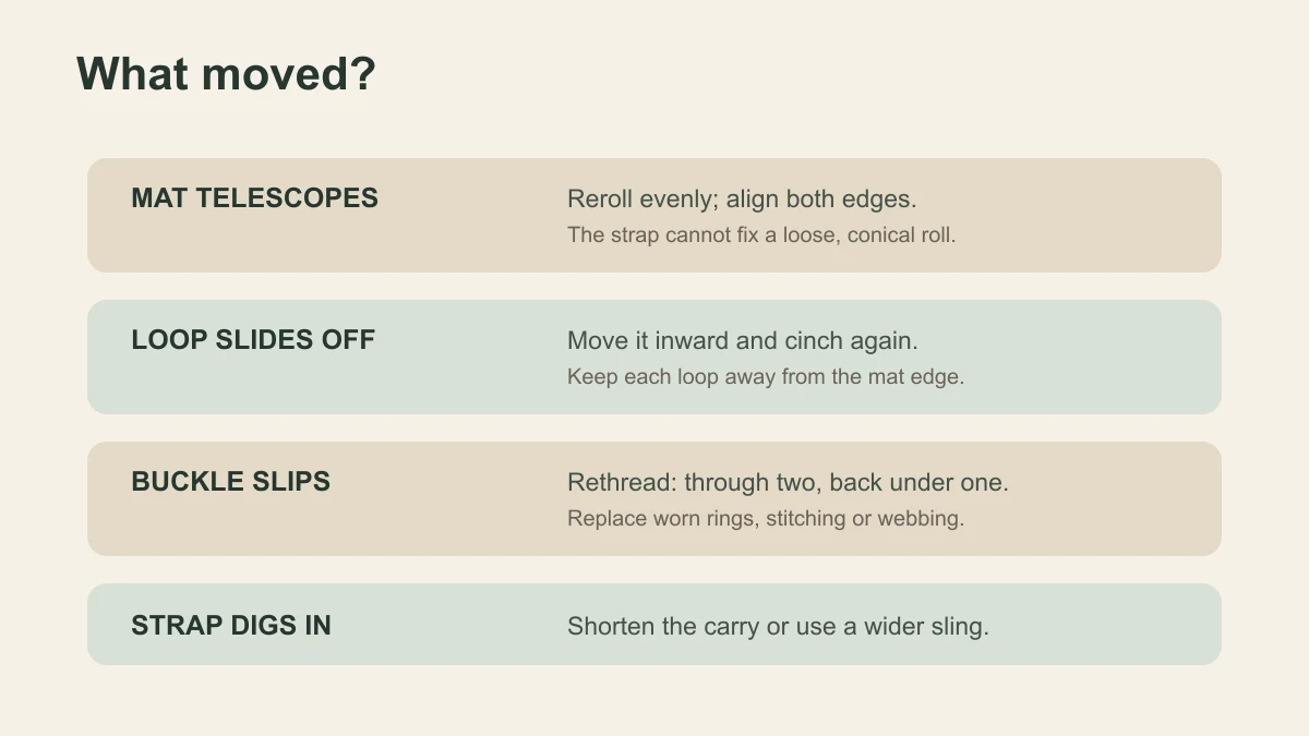 Troubleshooting table for a telescoping mat, sliding loop, slipping D-ring buckle and uncomfortable strap