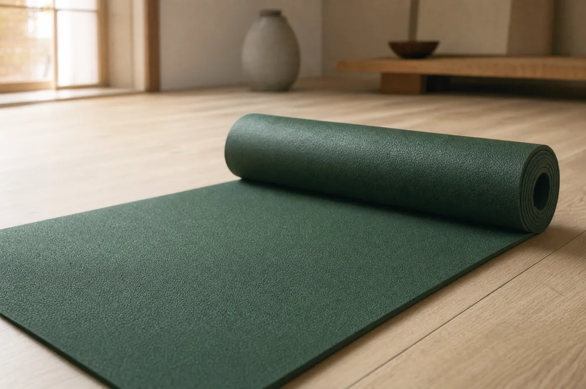 A natural-rubber yoga mat in a deep green tone partly unrolled on a wooden studio floor, its matte textured surface catching soft light