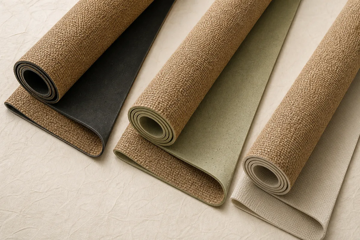 Three generic rolled jute yoga mats revealing dark, sage and pale backing layers beneath woven tan practice surfaces