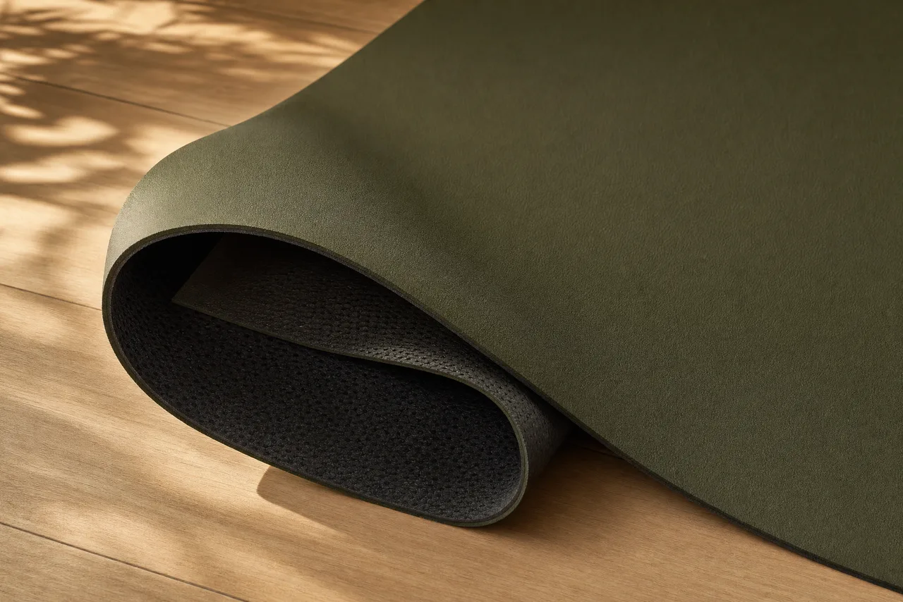 Close-up of a polyurethane-top yoga mat with one corner rolled back to show the textured rubber base layer