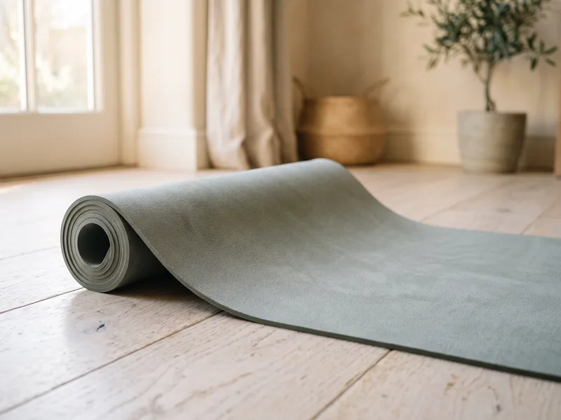 A sage-grey yoga mat with a fine textured surface partly unrolled on a wooden floor