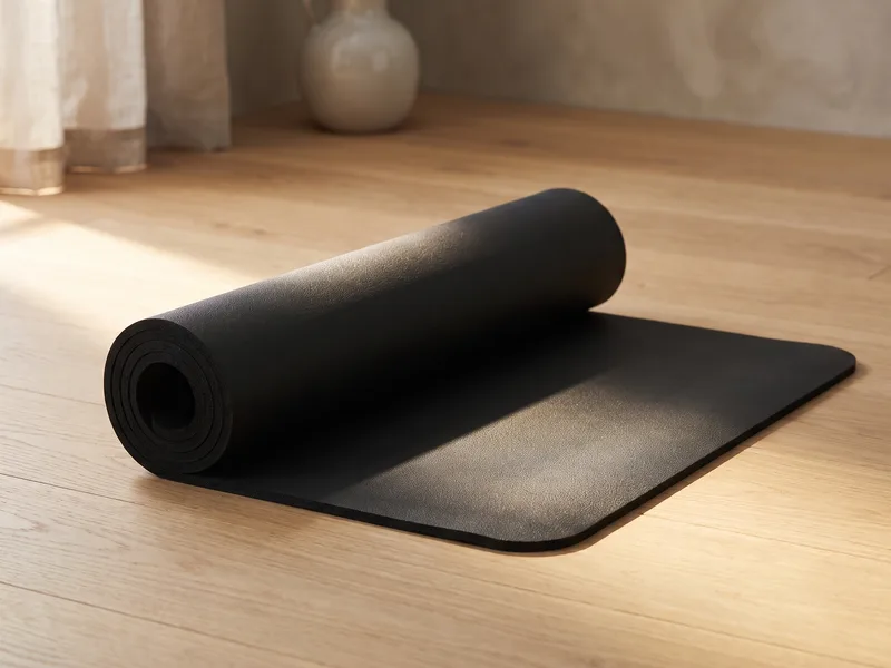 A thick dense charcoal yoga mat partly unrolled on a wooden floor