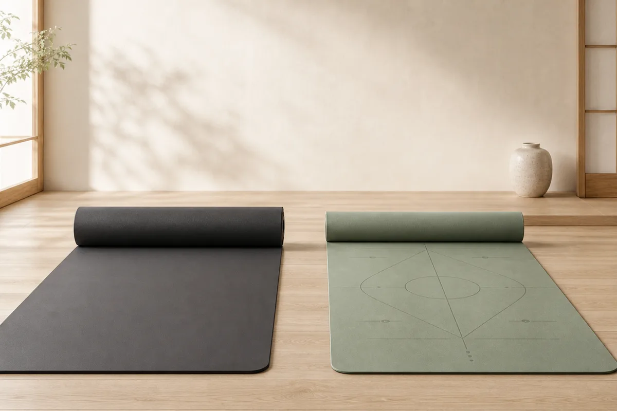 Two generic premium yoga mats side by side in a quiet studio, one thick and plain charcoal and one thinner sage mat with geometric alignment guides