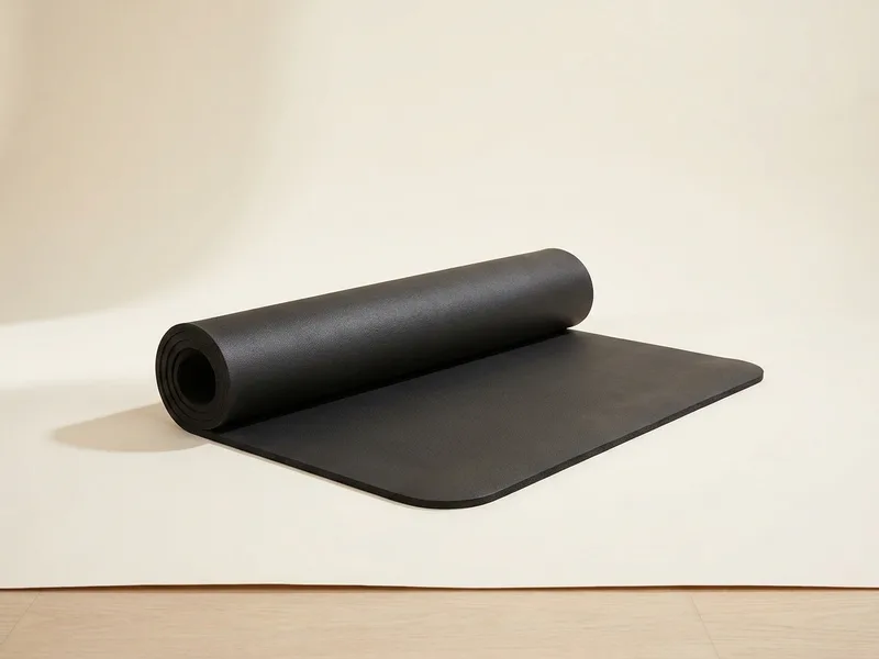 A thick matte black yoga mat, partly unrolled on a plain cream backdrop