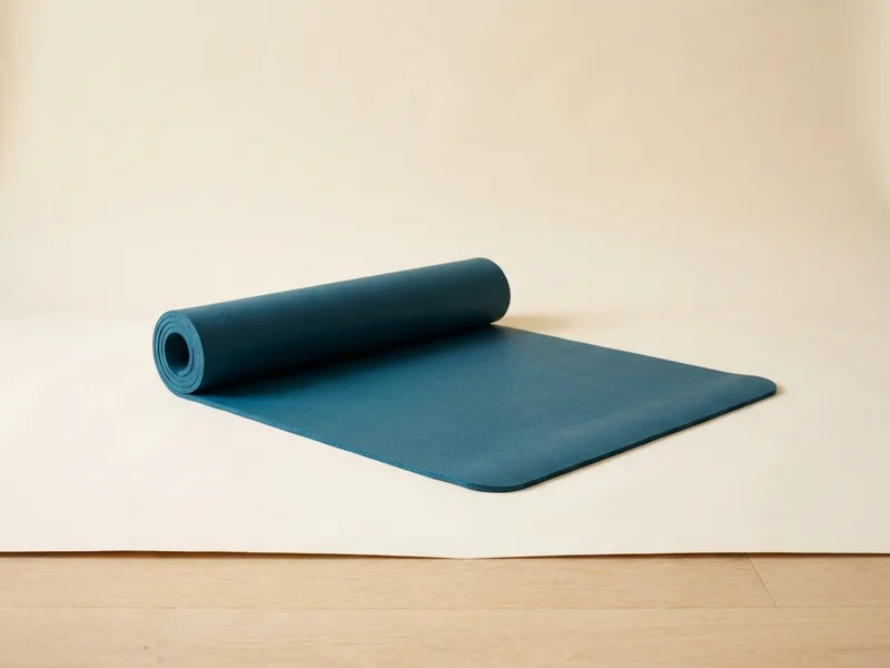 A thin matte teal-blue yoga mat, partly unrolled on a plain cream backdrop
