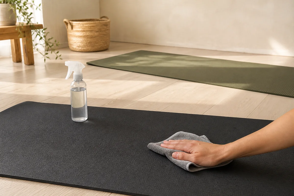 A hand wiping a dark yoga mat with a microfiber cloth while an olive green mat dries flat in the shade behind it