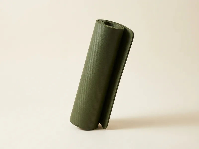 An olive green natural rubber yoga mat loosely rolled on a cream background