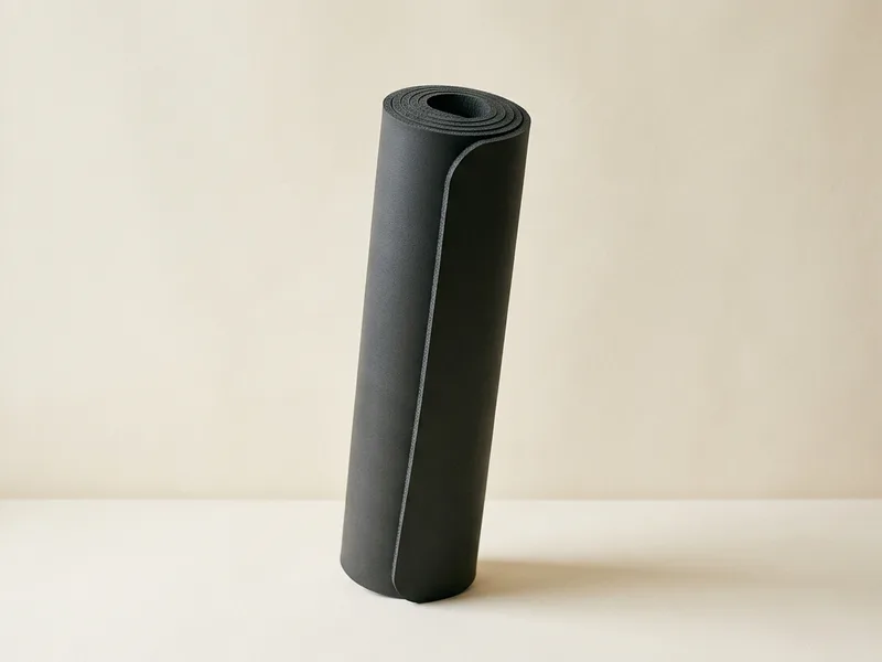 A thick, dense, dark grey yoga mat loosely rolled on a cream background
