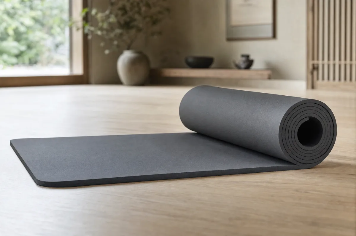 A dark, dense premium yoga mat rolled on a wooden studio floor in soft morning light
