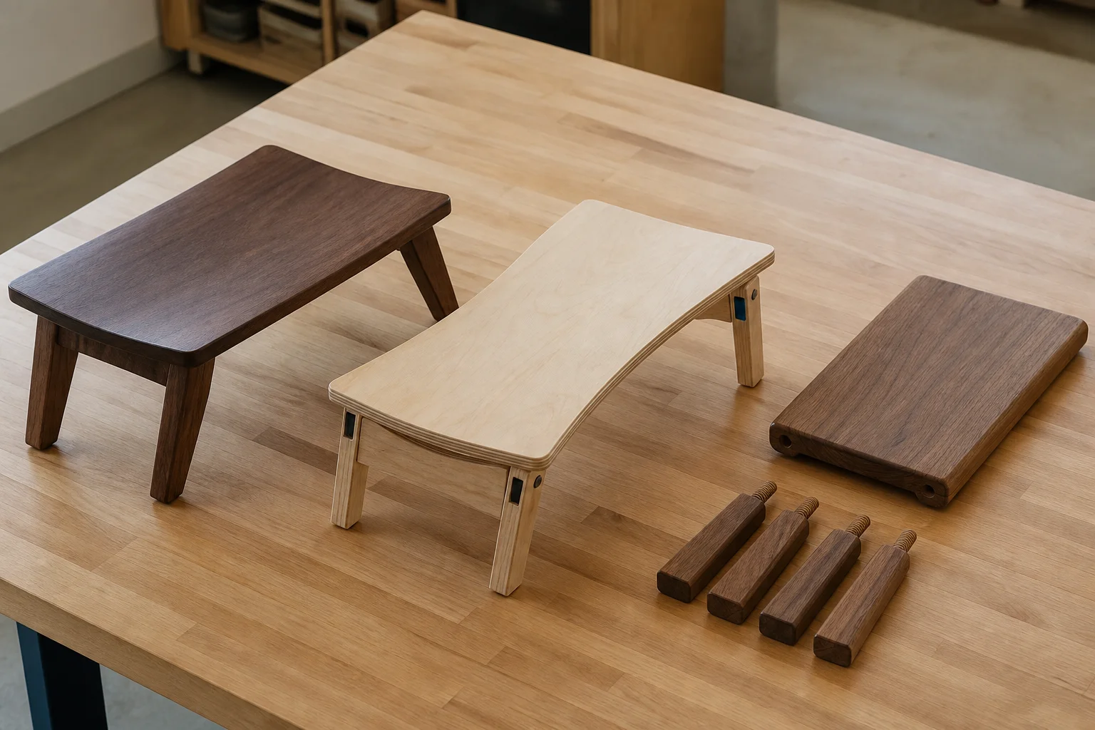 Editorial photograph of three unbranded wooden meditation bench constructions with fixed legs, folding legs and a seat beside removable threaded legs