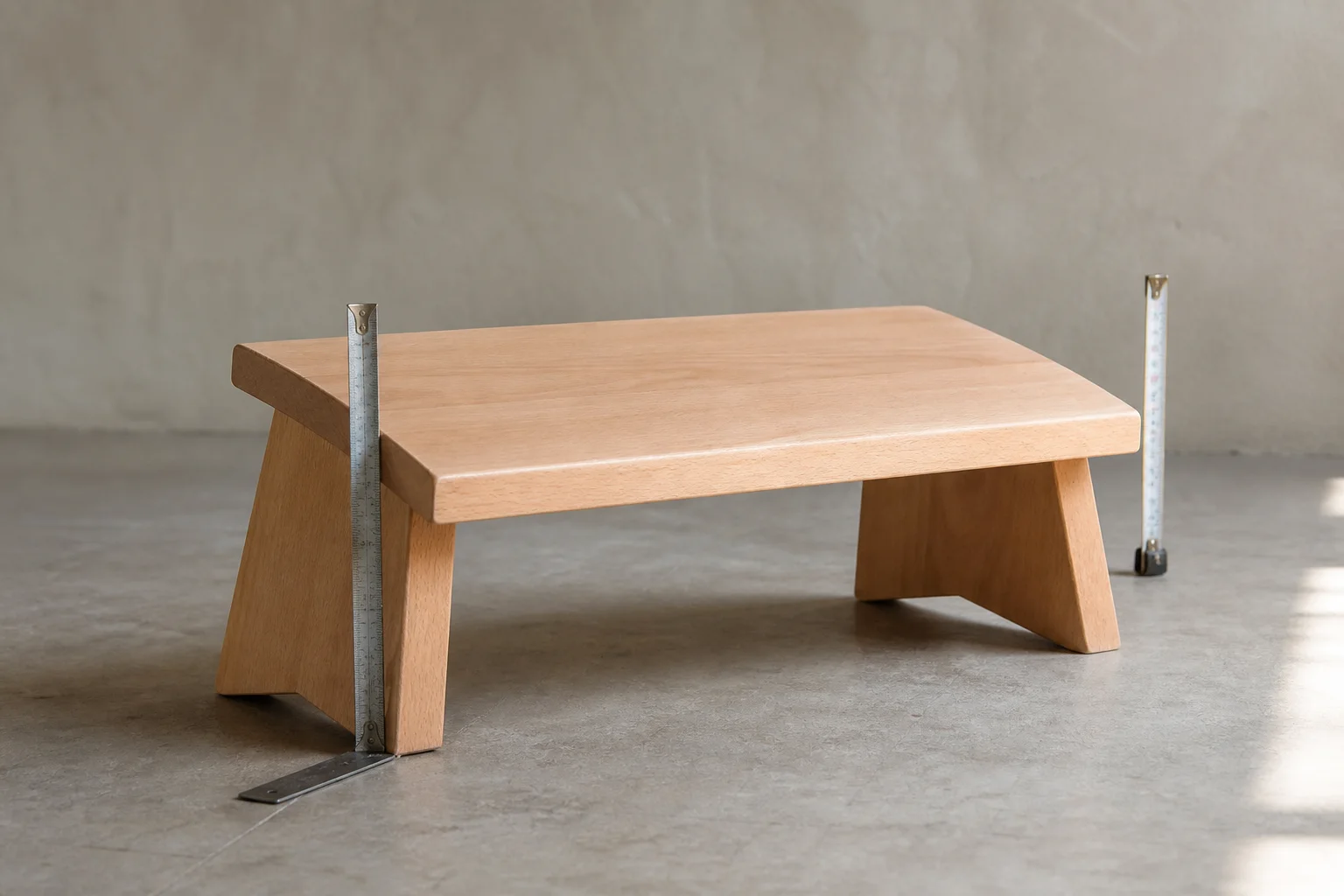 Photograph of a low unbranded beech meditation bench with carpenter squares positioned to compare its lower front edge and higher rear edge