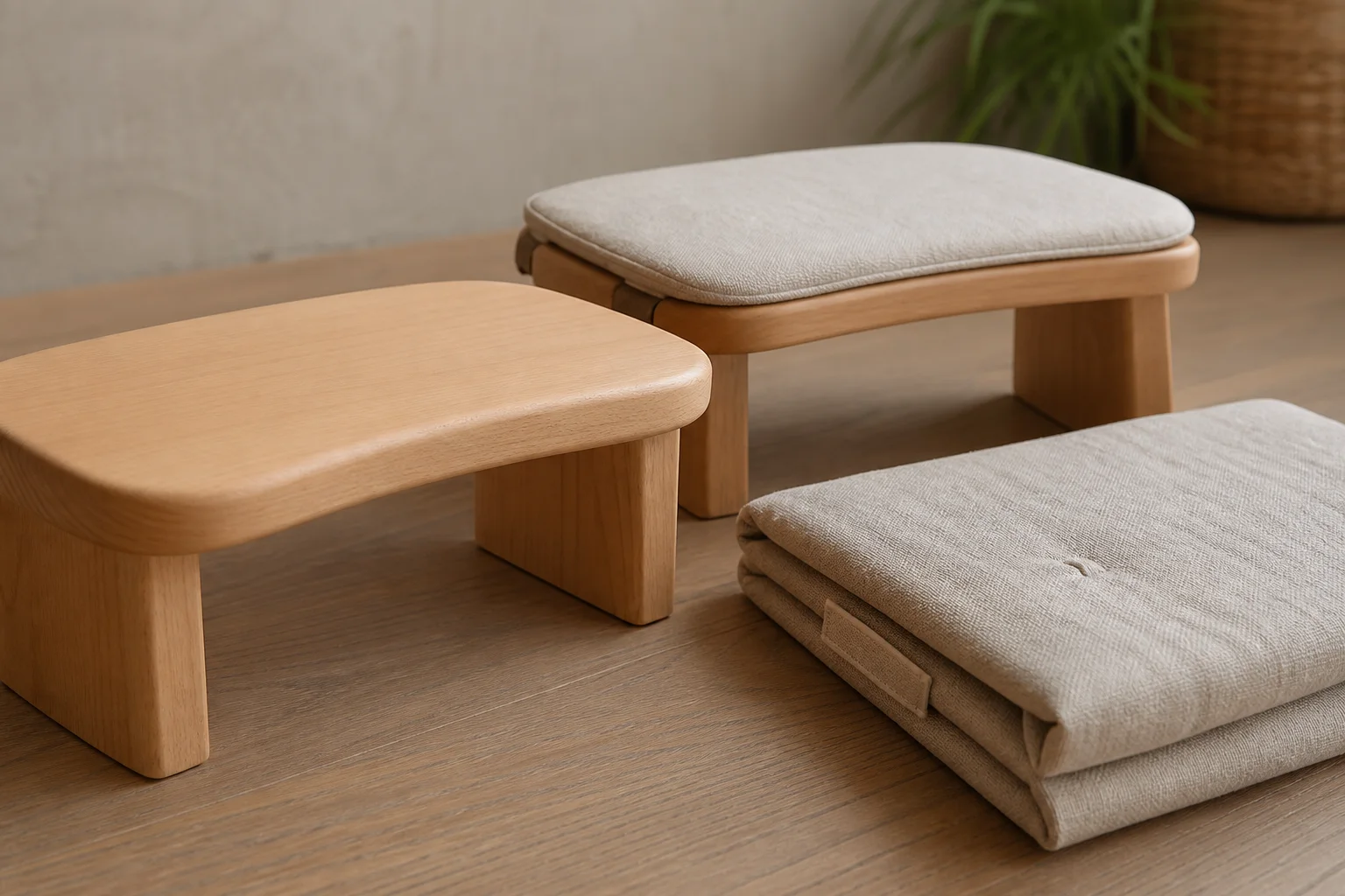 Close product photograph comparing a bare rounded beech meditation bench, a thin cotton-covered padded bench and a folded neutral floor mat
