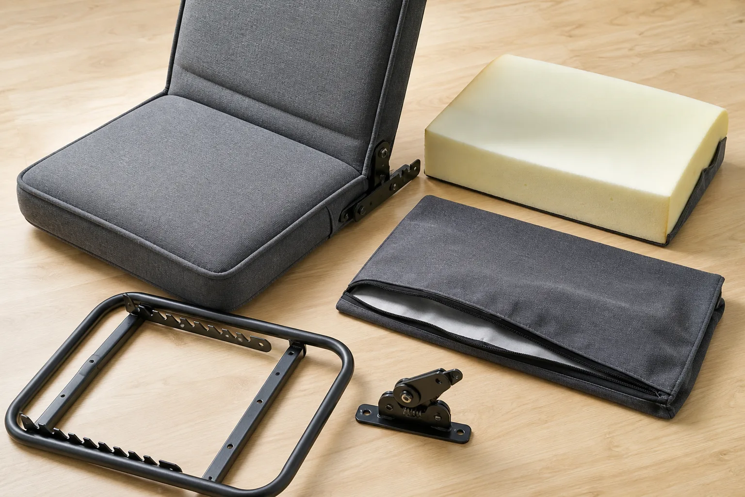 Editorial product photograph of an upholstered floor chair beside a visible steel frame, foam sample, removable cover and hinge hardware