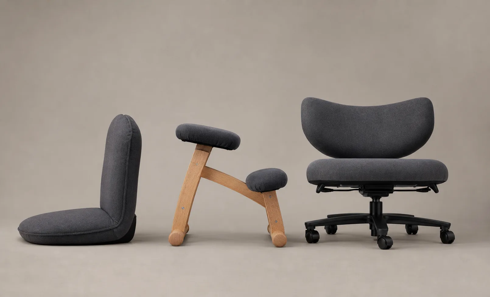 Studio photograph comparing a low upholstered floor chair, compact wooden meditation bench and wide rolling cross-legged chair