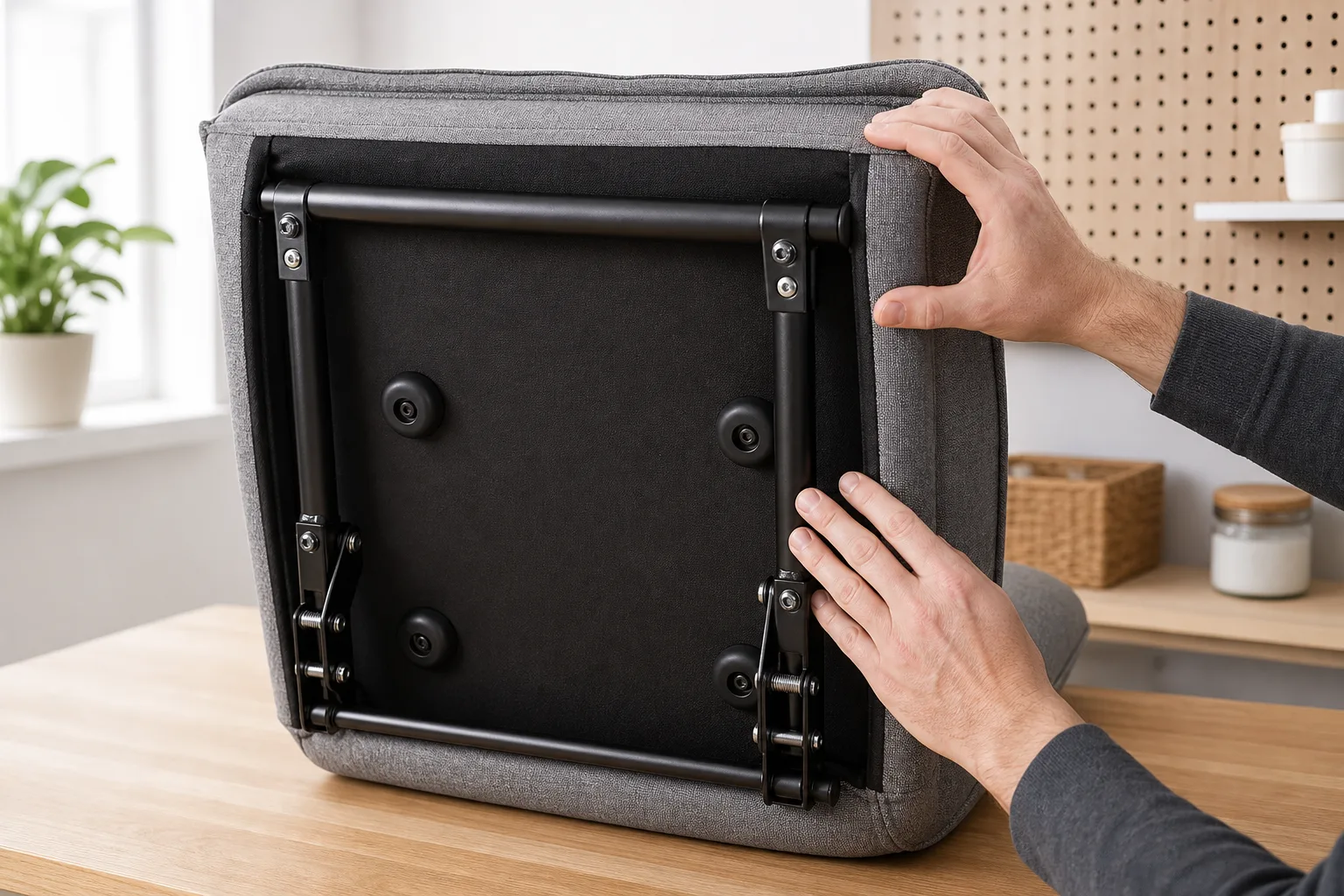 Hands inspecting the underside frame, fasteners, hinges, upholstery seams and rubber feet of an unloaded folding floor chair
