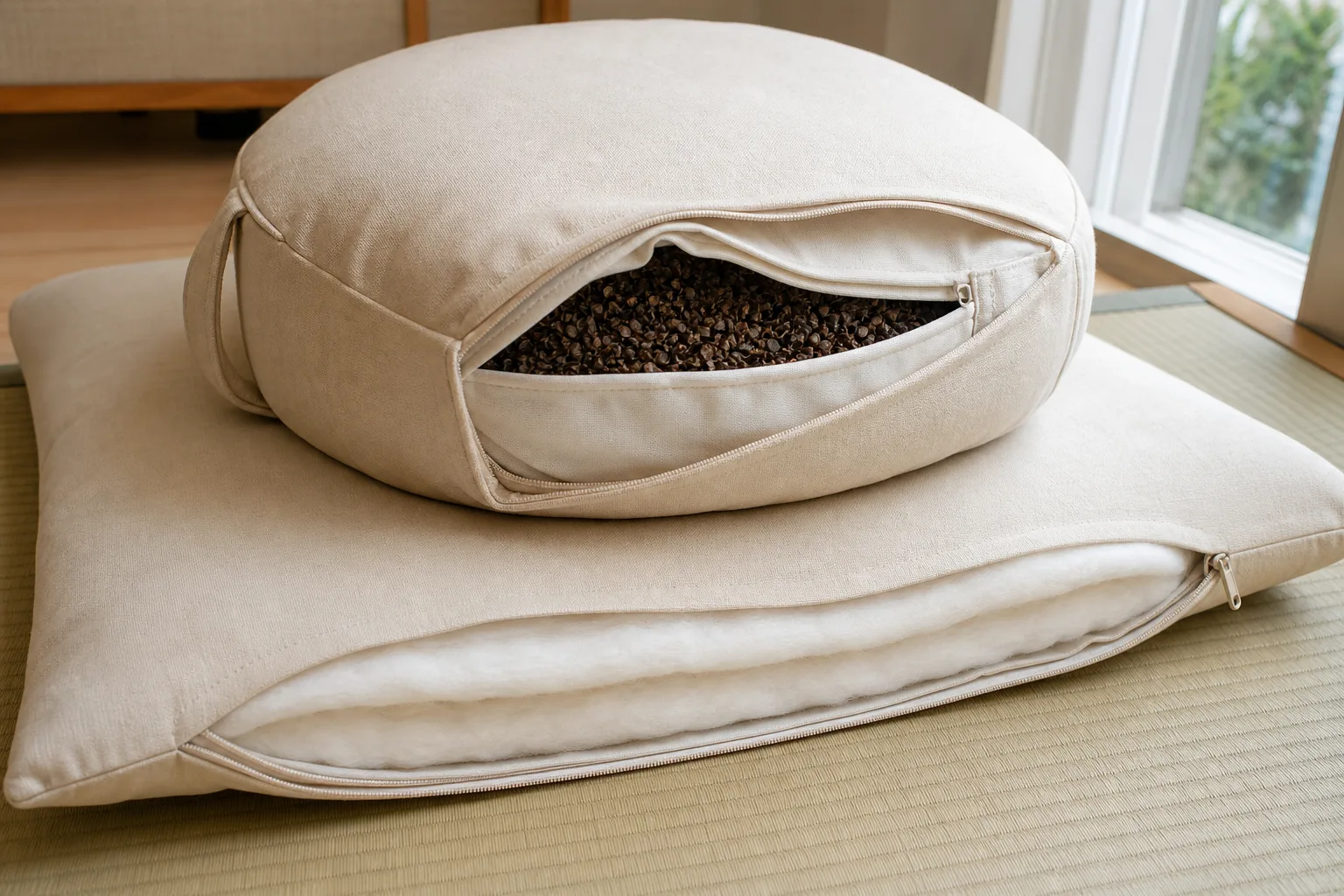 Realistic close-up of a coordinated zafu and zabuton with outer covers partly unzipped, showing contained buckwheat hulls in an inner liner and layered white batting