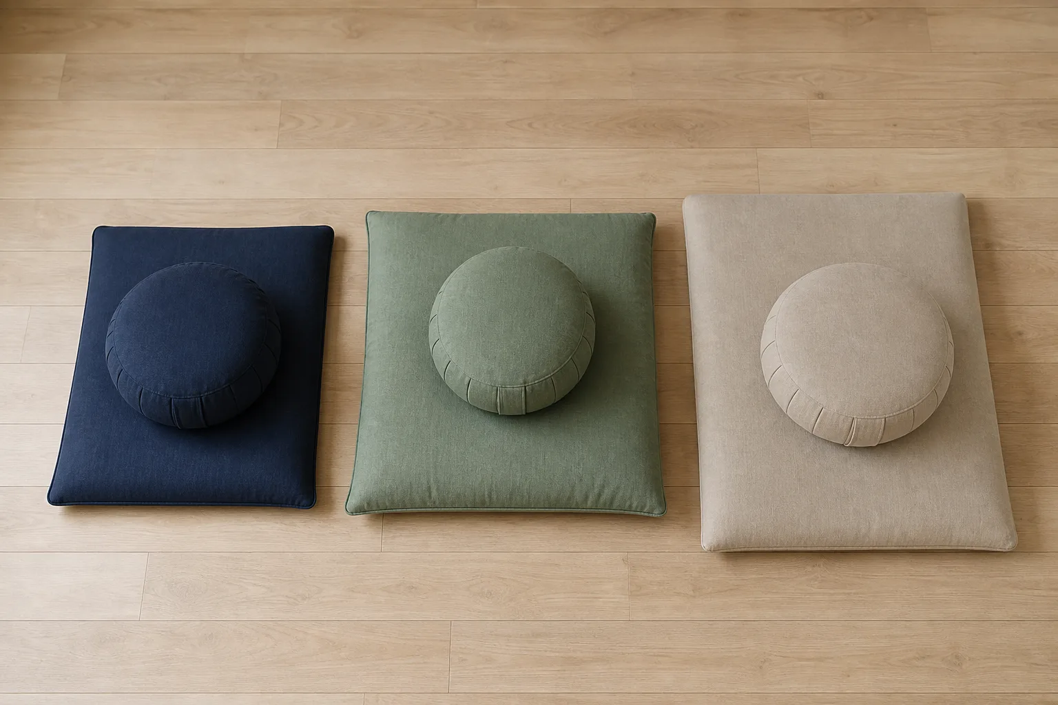 Realistic overhead photograph of three separate unbranded zafu and zabuton sets with visibly different floor-cushion footprints
