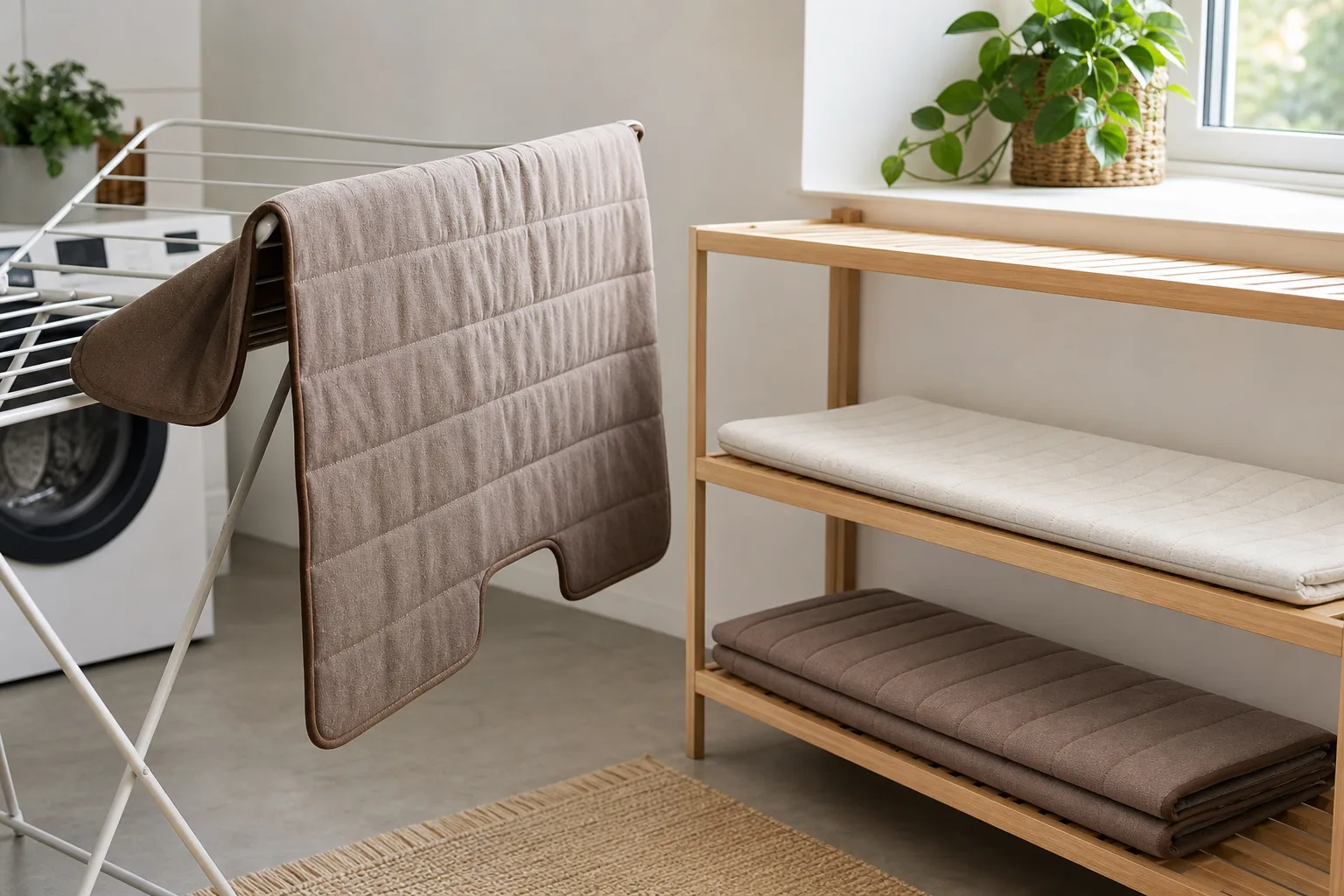 Meditation mat cover air-drying while a contained insert rests separately and another dry mat is stored flat on a breathable shelf