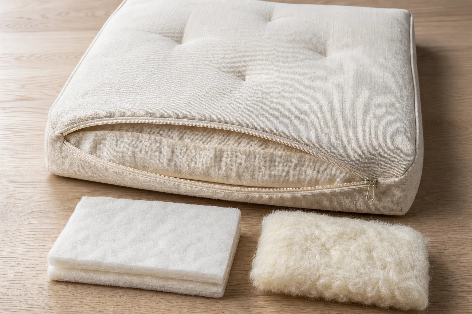 Close product photograph of a meditation mat with zippered outer cover, contained muslin insert, cotton batting and wool batting samples