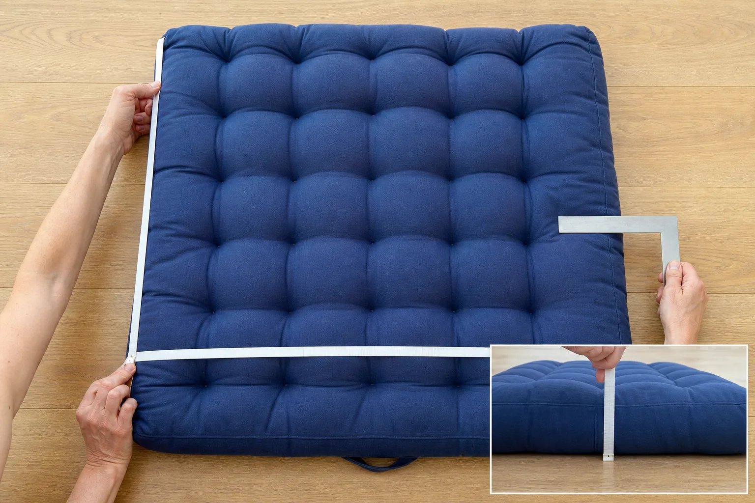 Hands measuring the length, width and maximum loft of a square tufted meditation mat on a wood floor