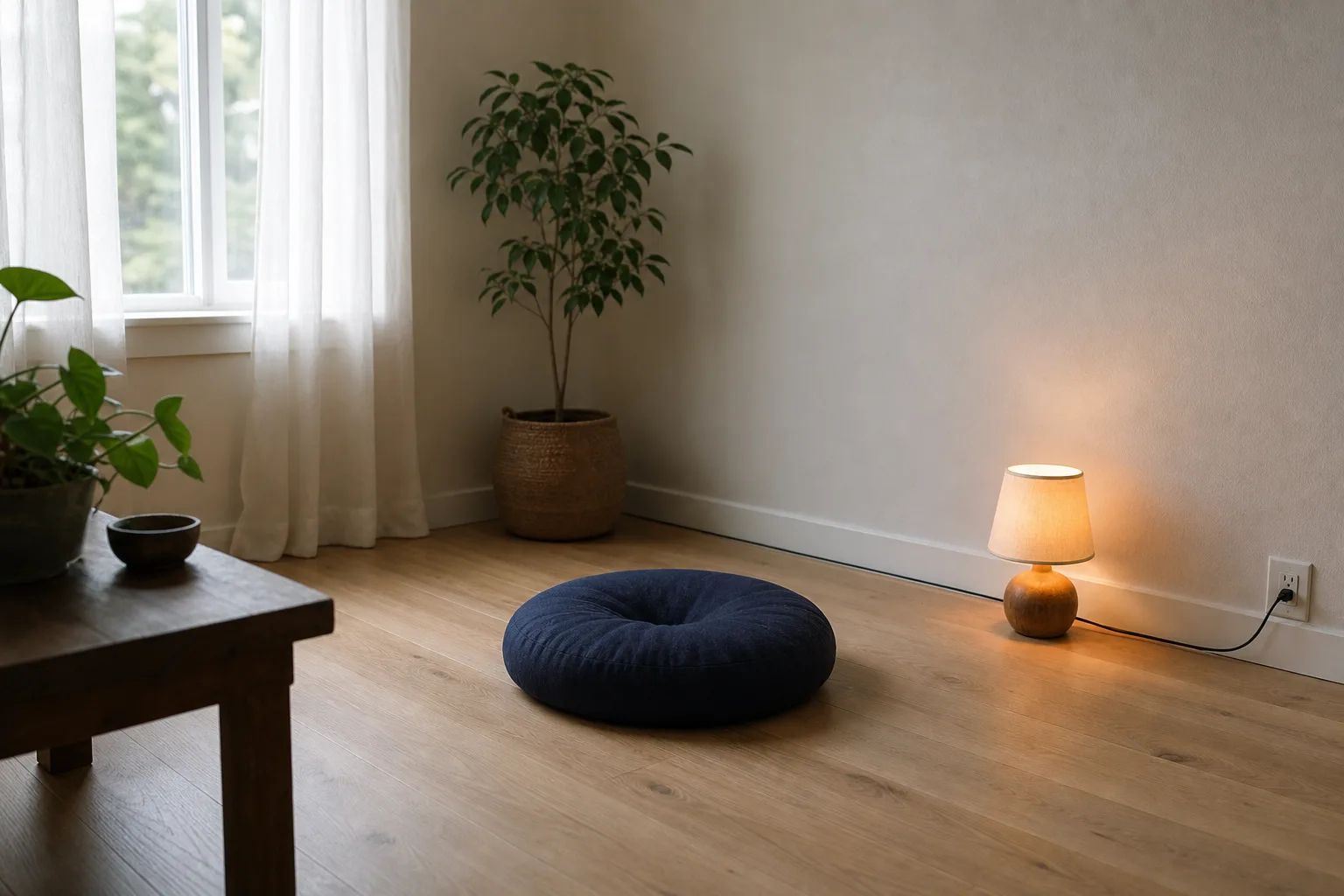 A real meditation corner photographed twice in one scene with soft filtered daylight and a low shaded lamp positioned beside the seat with its cord routed along the wall