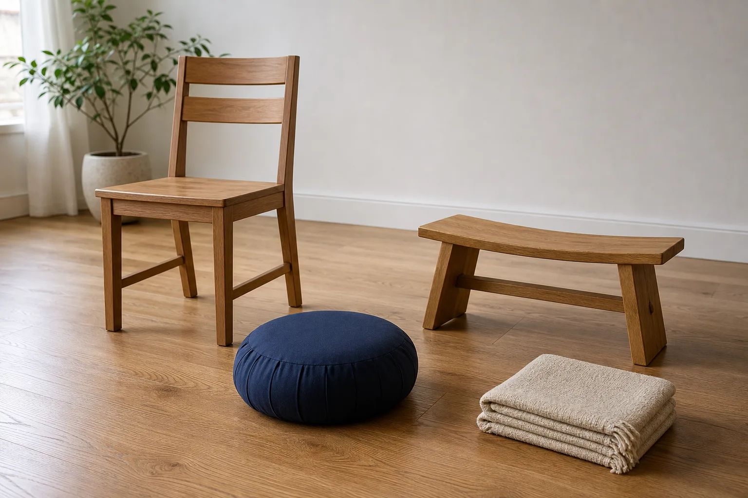 Unbranded meditation seating options in one bright room including a stable chair, round zafu, low wooden bench and folded blanket, separated for comparison
