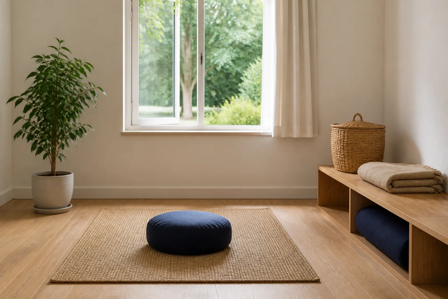 Clean meditation room corner with an open window, one healthy potted plant on the floor, a closed storage basket and fragrance-free accessories