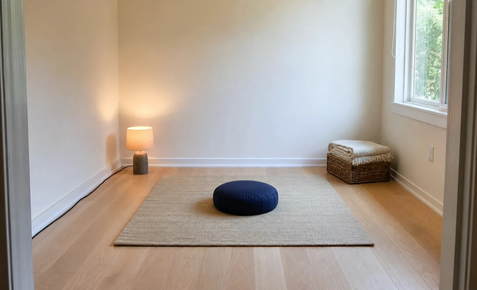 Realistic compact meditation corner divided naturally into a clear seated zone, low lamp zone and closed basket storage zone