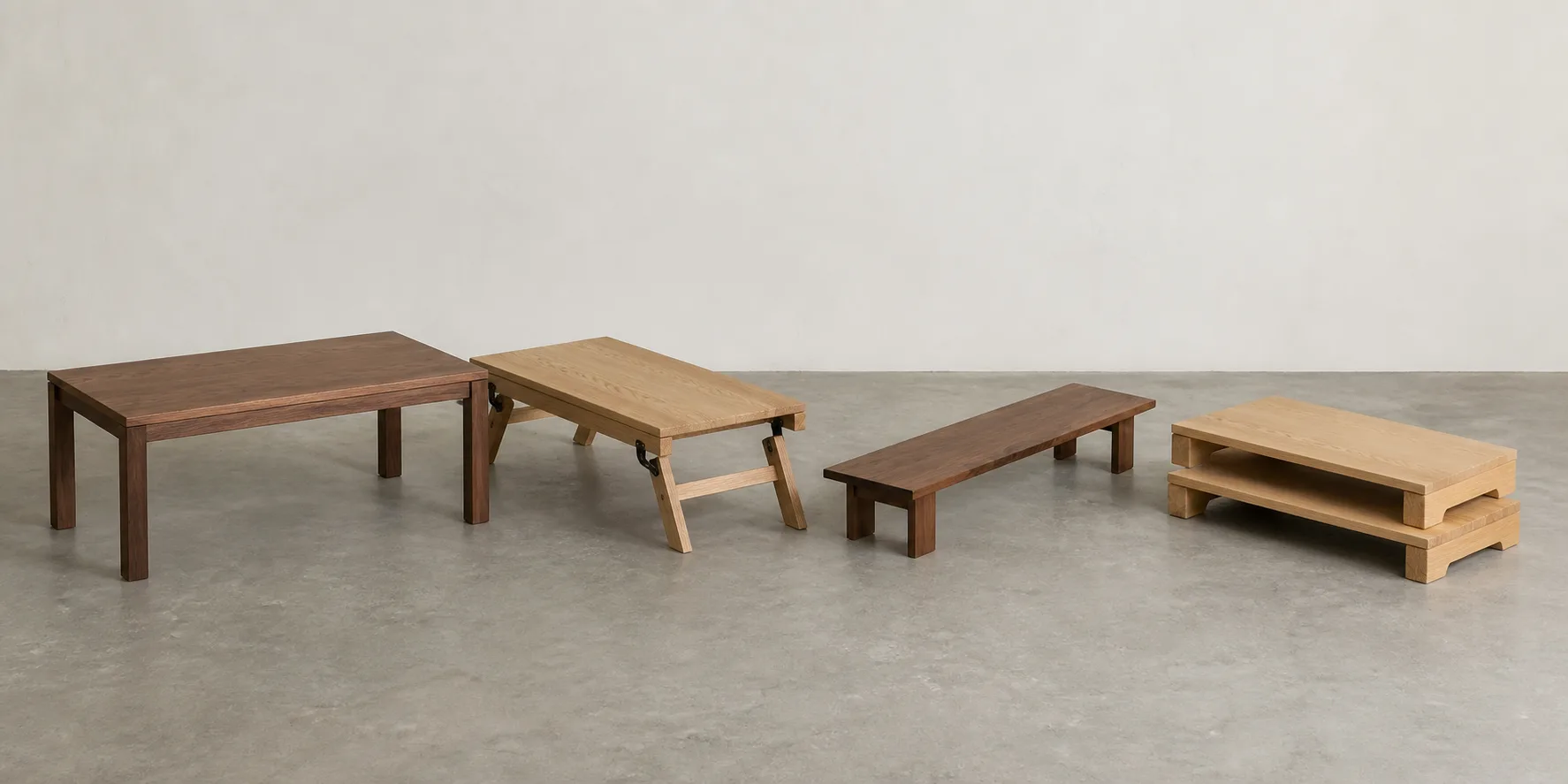 Four unbranded low table formats photographed side by side: fixed, folding, narrow and stackable