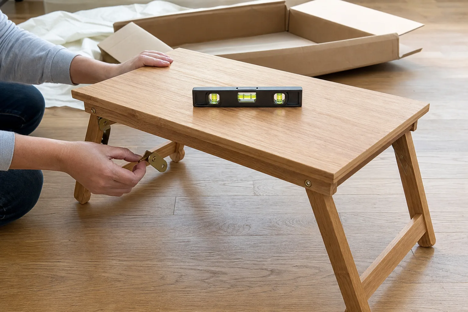 Hands inspecting the hinge of an unloaded folding wooden table with a bubble level on the bare top and packaging behind
