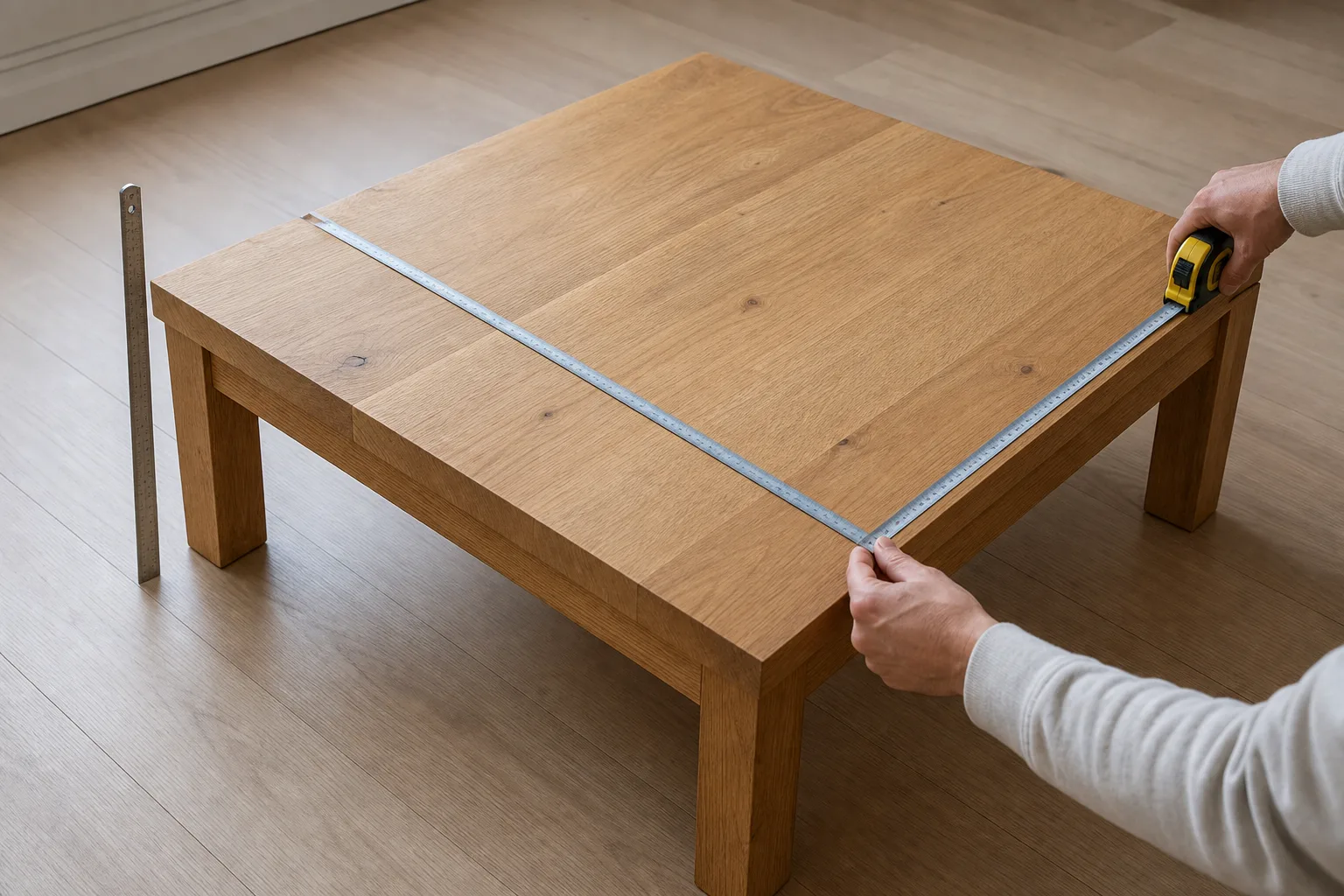 Hands measuring a low wooden table across its tabletop while a ruler checks height beside it