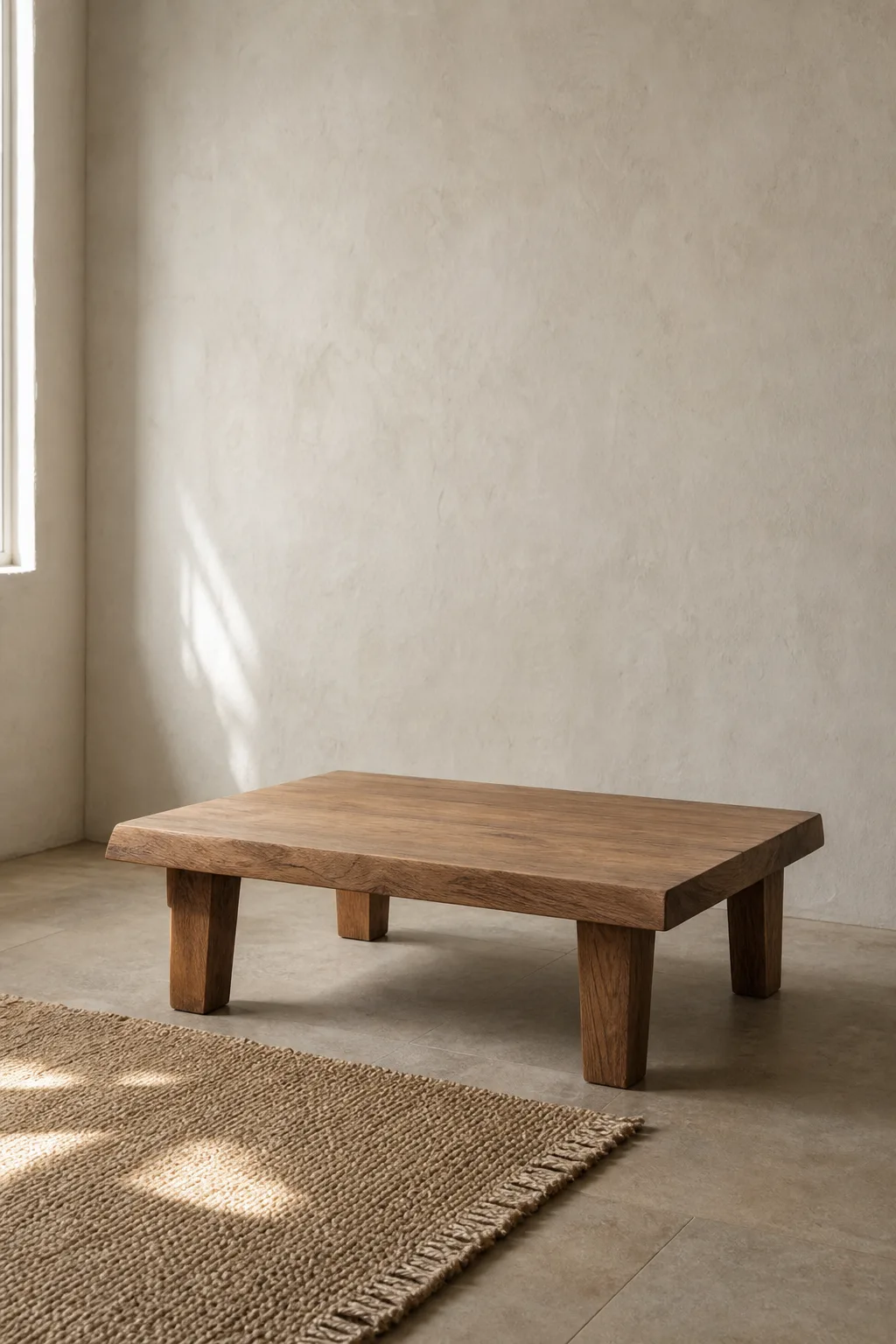 A simple low natural-wood table standing empty in a quiet neutral room beside a woven floor mat