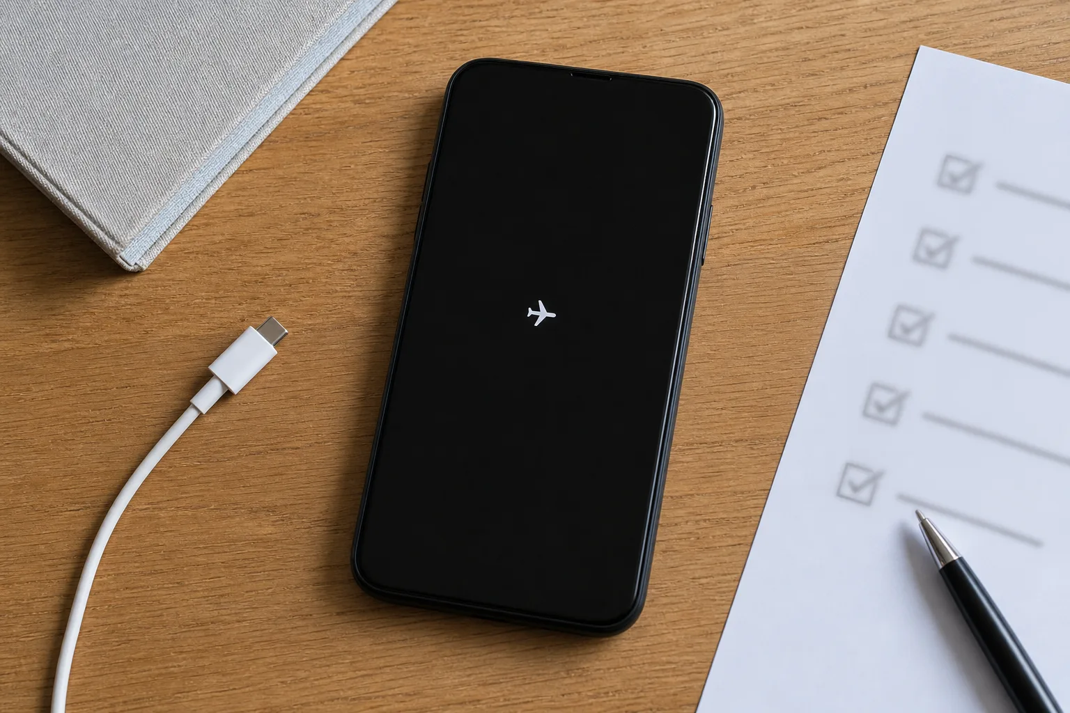 Overhead editorial photograph of an unbranded smartphone showing a simple airplane symbol beside a disconnected cable and an abstract paper checklist