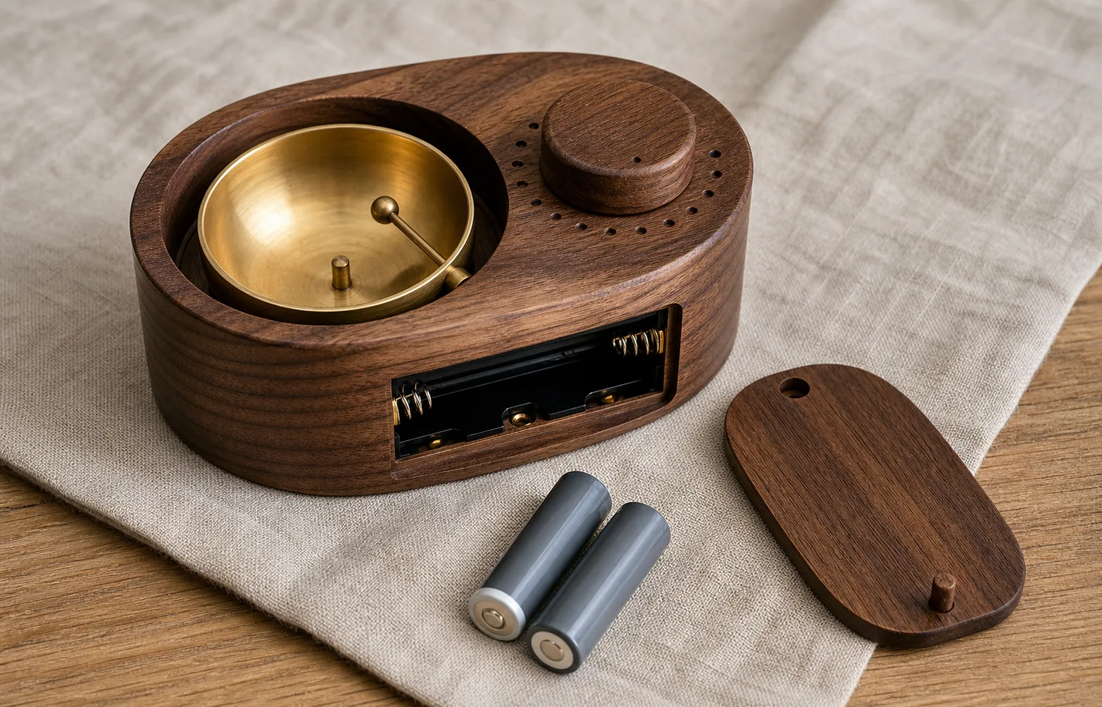 Macro editorial photograph of an unbranded wooden timer with a brass bowl chime, tactile dial, open battery compartment and two batteries