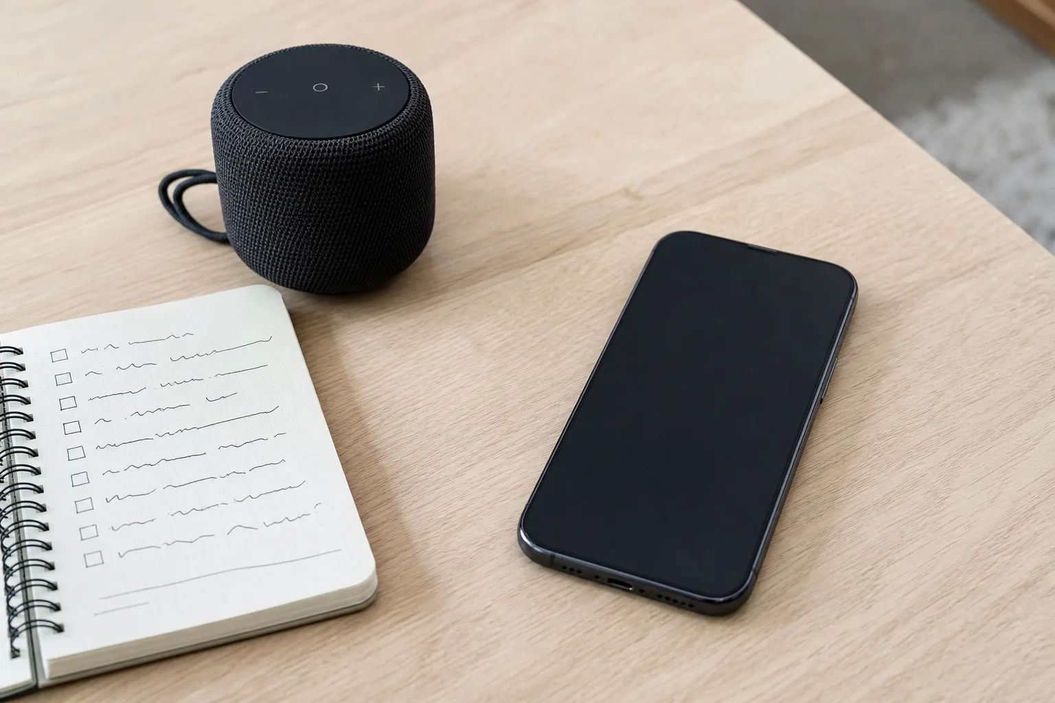 Editorial photograph of a face-down unbranded smartphone beside a compact speaker and a handwritten test checklist