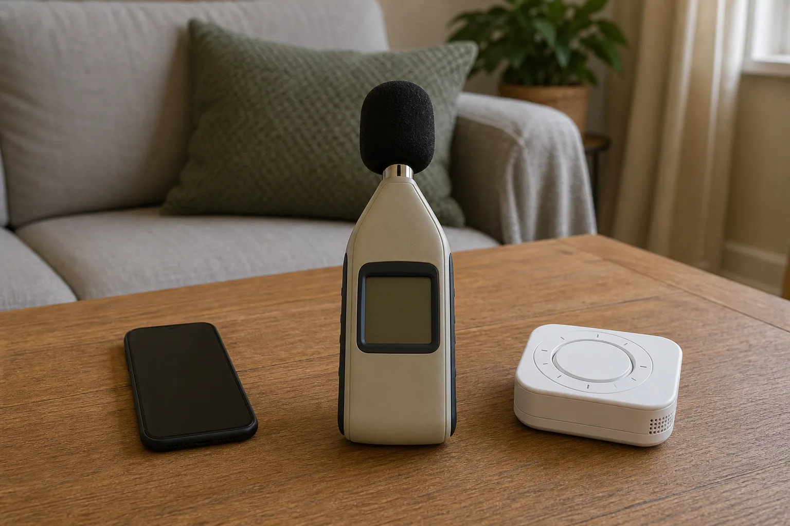 Editorial photograph of an unbranded smartphone and compact physical timer placed beside a sound level meter with its display turned away