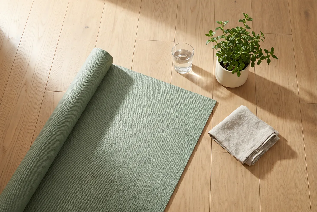 A sage-green yoga mat on a light-oak floor in bright fresh morning light, with a glass of water, a small plant and a folded towel neatly arranged beside it
