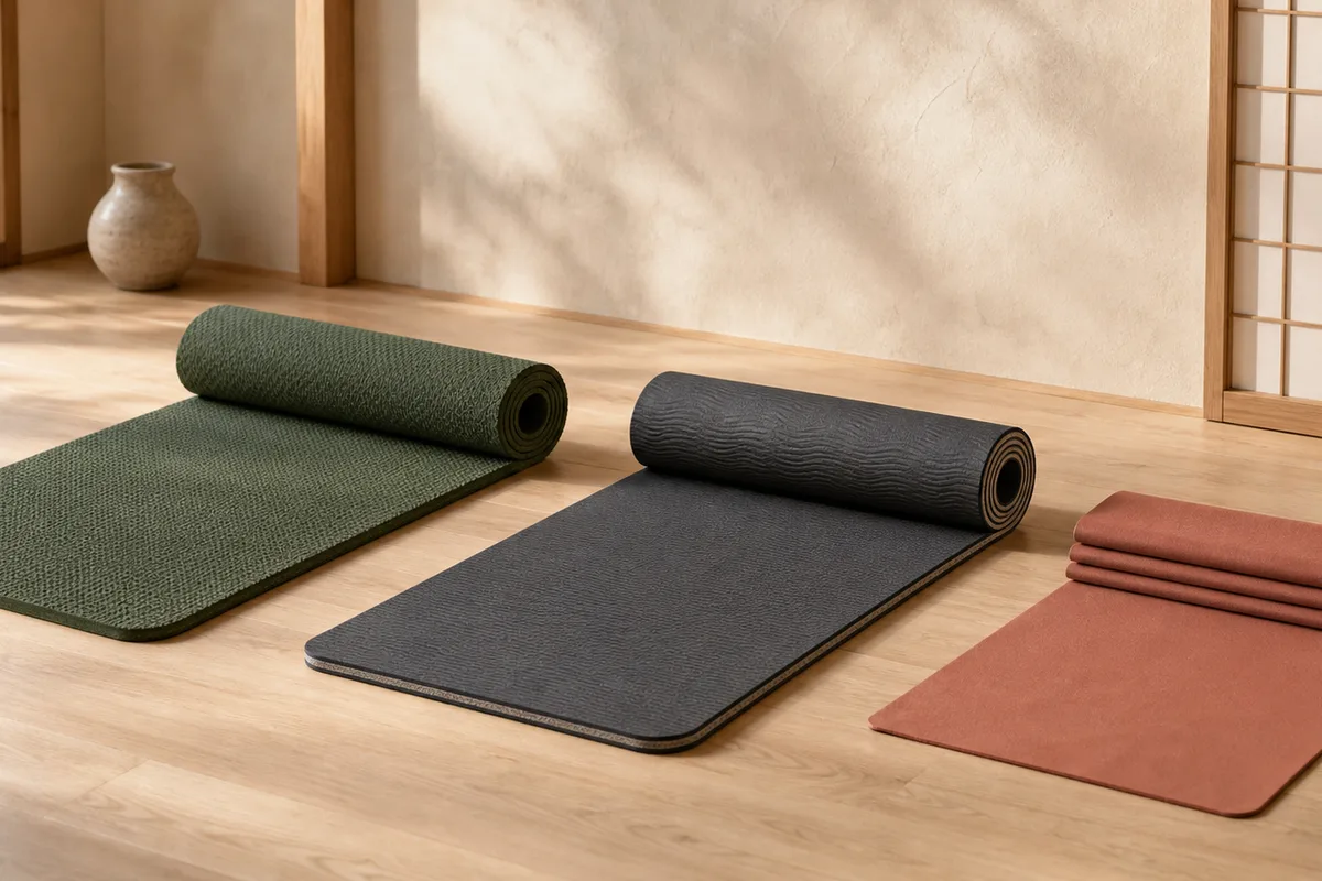 Three generic natural rubber yoga mats showing a porous textured surface, a closed ripple-textured layered mat and a thin foldable travel mat